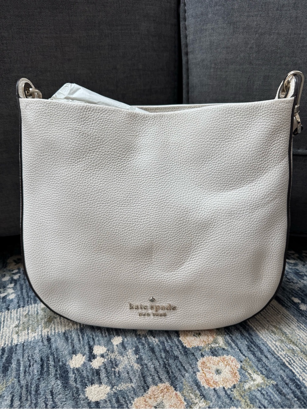kate spade White Pebbled Leather Crescent Shoulder Bag with Silver Hardware